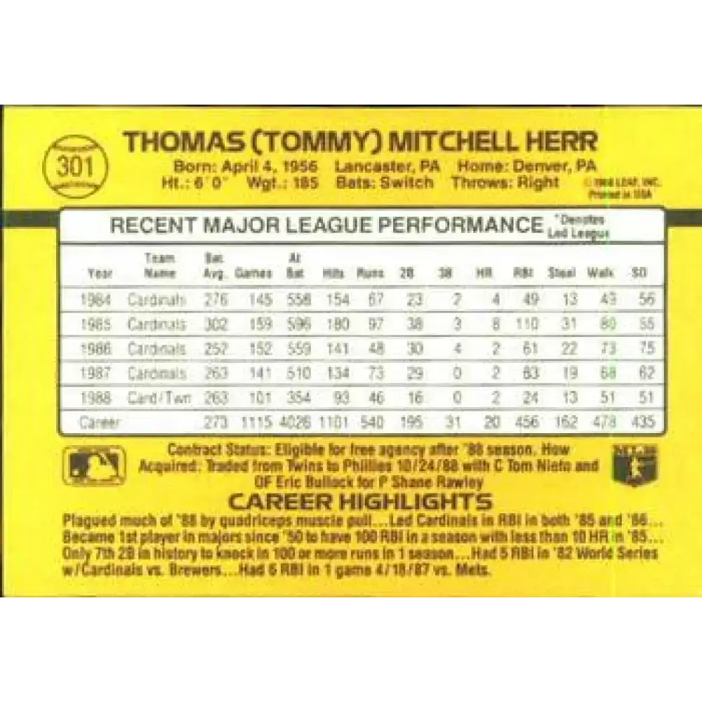 1989 Donruss #301 Tom Herr NM-MT Minnesota Twins Baseball Card - Baseball Card Single