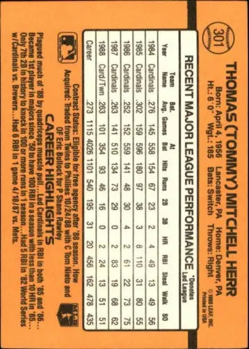 1989 Donruss #301 Tom Herr NM-MT Twins - Baseball Card Single