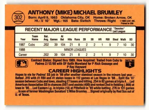 1989 Donruss #302 Mike Brumley San Diego Padres Baseball Cards EX Ex ID:56234 - Baseball Card Single