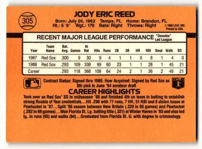 Back of a baseball card with player stats showing original gloss Jody Reed Boston Red Sox