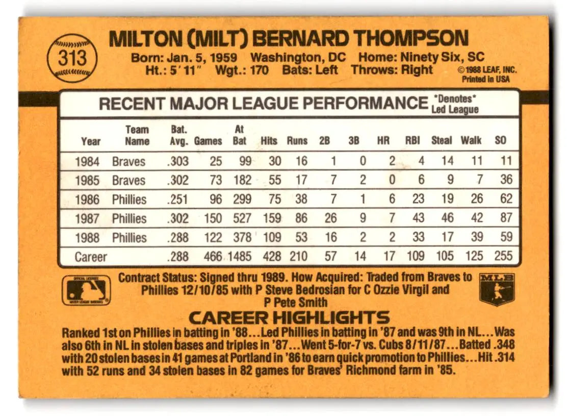 1989 Donruss #313 Milt Thompson - Baseball Card Single