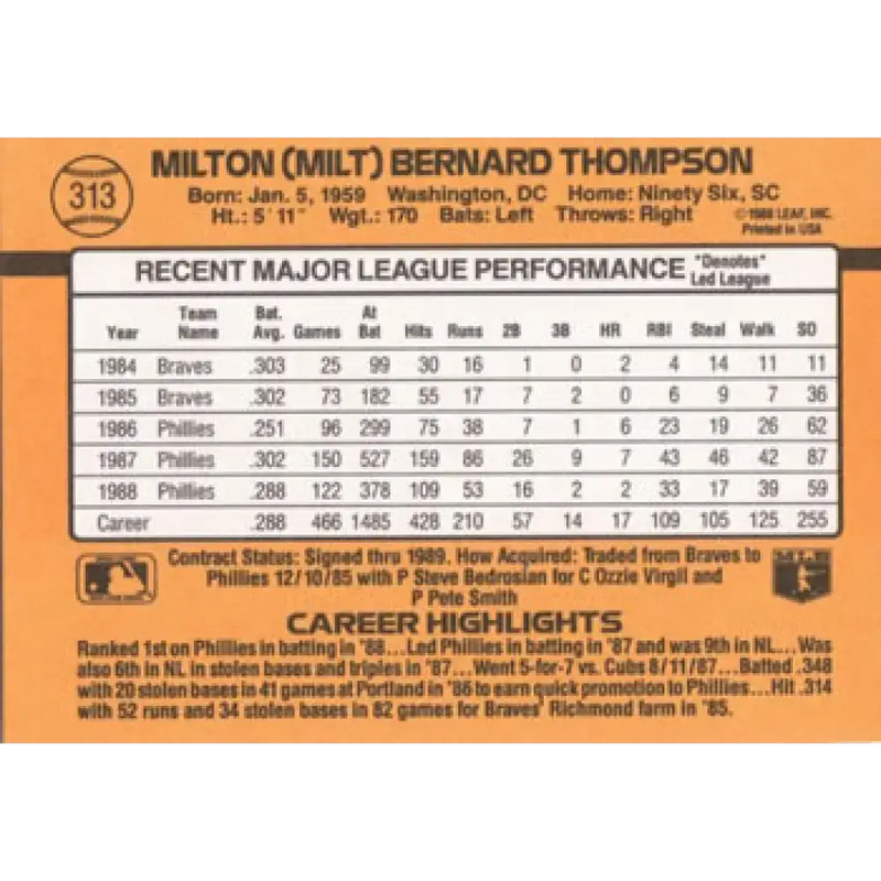 1989 Donruss #313 Milt Thompson NM-MT Philadelphia Phillies Baseball Card - Baseball Card Single