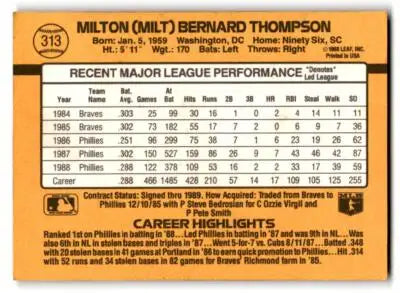 Vintage 1989 Donruss Milt Thompson baseball card featuring Milt Thompson player image