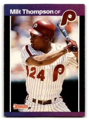 Vintage 1989 Donruss Milt Thompson baseball card featuring Milt Thompson of the Phillies