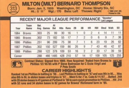 1989 Donruss #313b Milt Thompson NM Near Mint Phillies ID:81456 - Baseball Card Single
