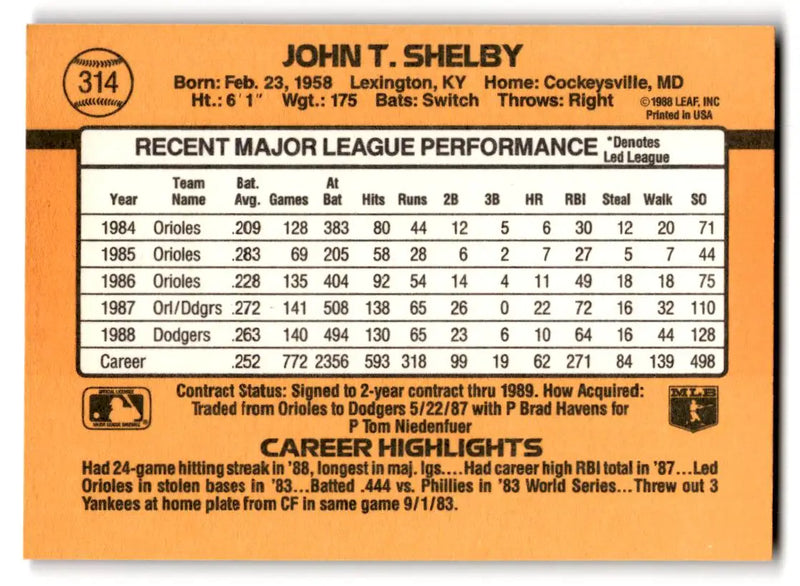 1989 Donruss #314 John Shelby - Baseball Card Single
