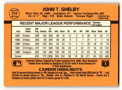 1989 Donruss #314 John Shelby Los Angeles Dodgers Baseball Cards EX ID:56251