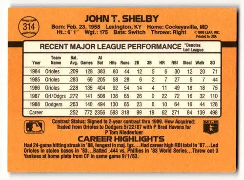 1989 Donruss #314 John Shelby Los Angeles Dodgers Baseball Cards EX ID:56251 - Baseball Card Single