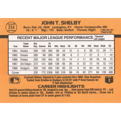 1989 Donruss #314 John Shelby NM-MT Los Angeles Dodgers Baseball Card