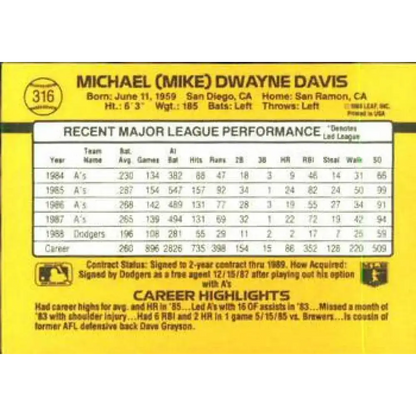 1989 Donruss #316 Mike Davis NM-MT Los Angeles Dodgers Baseball Card
