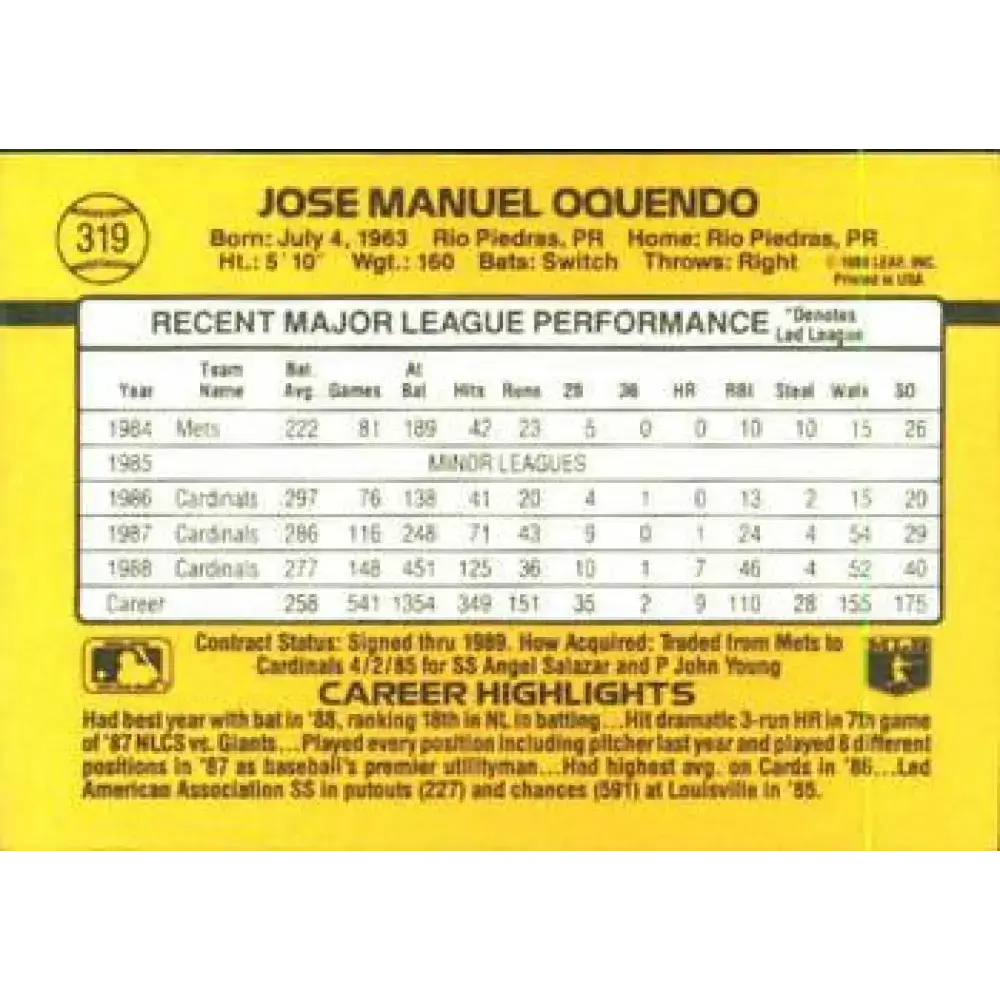 1989 Donruss #319 Jose Oquendo NM-MT St. Louis Cardinals Baseball Card - Baseball Card Single