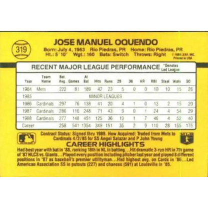 1989 Donruss #319 Jose Oquendo NM-MT St. Louis Cardinals Baseball Card