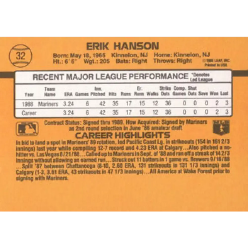 1989 Donruss #32 Erik Hanson / NM-MT RC Rookie Seattle Mariners Baseball Card - Baseball Card Single