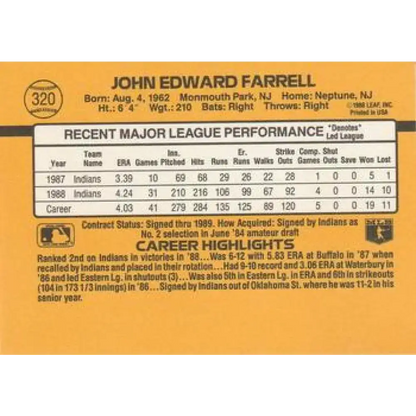 1989 Donruss #320 John Farrell NM-MT Cleveland Indians Baseball Card