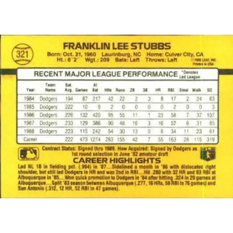 1989 Donruss #321 Franklin Stubbs NM-MT Los Angeles Dodgers Baseball Card - Baseball Card Single