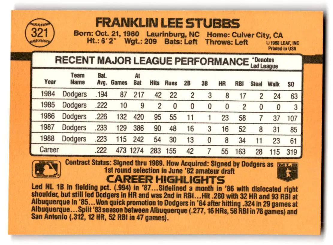 1989 Donruss #321a Franklin Stubbs - Baseball Card Single
