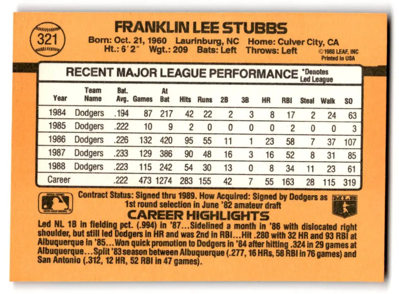 1989 Donruss #321a Franklin Stubbs - Baseball Card Single