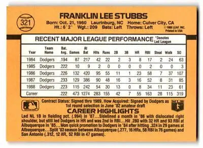 1989 Donruss #321a Franklin Stubbs baseball card featuring the MLB player Franklin Stubbs