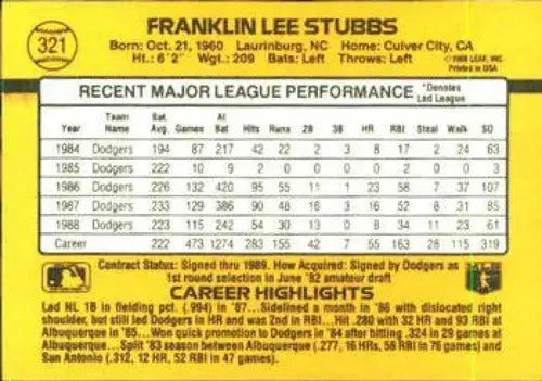 1989 Donruss #321a Franklin Stubbs NM Near Mint Dodgers ID:81459 - Baseball Card Single