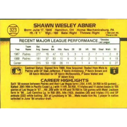 1989 Donruss #323 Shawn Abner NM-MT San Diego Padres Baseball Card