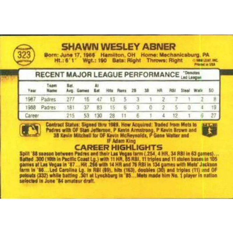 1989 Donruss #323 Shawn Abner NM-MT San Diego Padres Baseball Card - Baseball Card Single