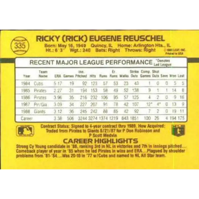 1989 Donruss #335 Rick Reuschel UER NM-MT San Francisco Giants Baseball Card - Baseball Card Single