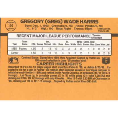 1989 Donruss #34 Greg Harris/ NM-MT RC Rookie San Diego Padres Baseball Card
