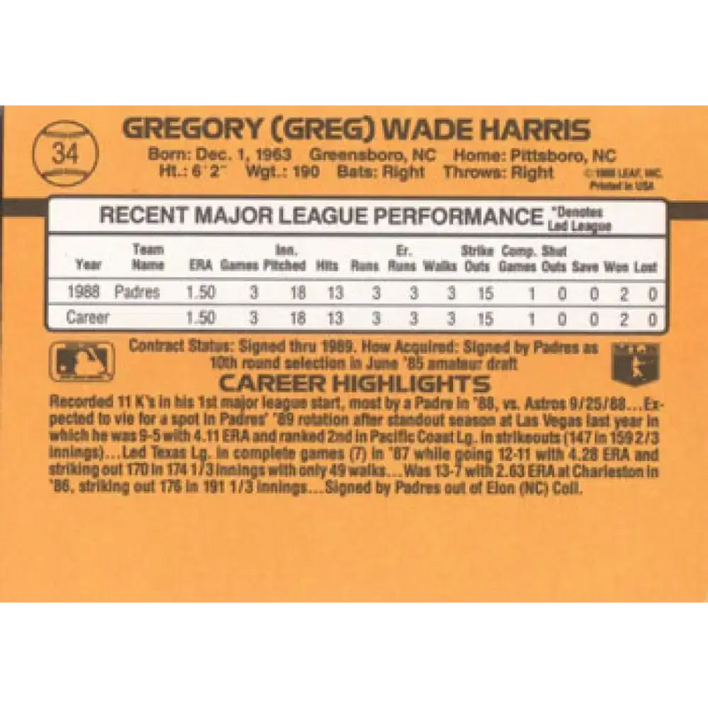 1989 Donruss #34 Greg Harris/ NM-MT RC Rookie San Diego Padres Baseball Card - Baseball Card Single