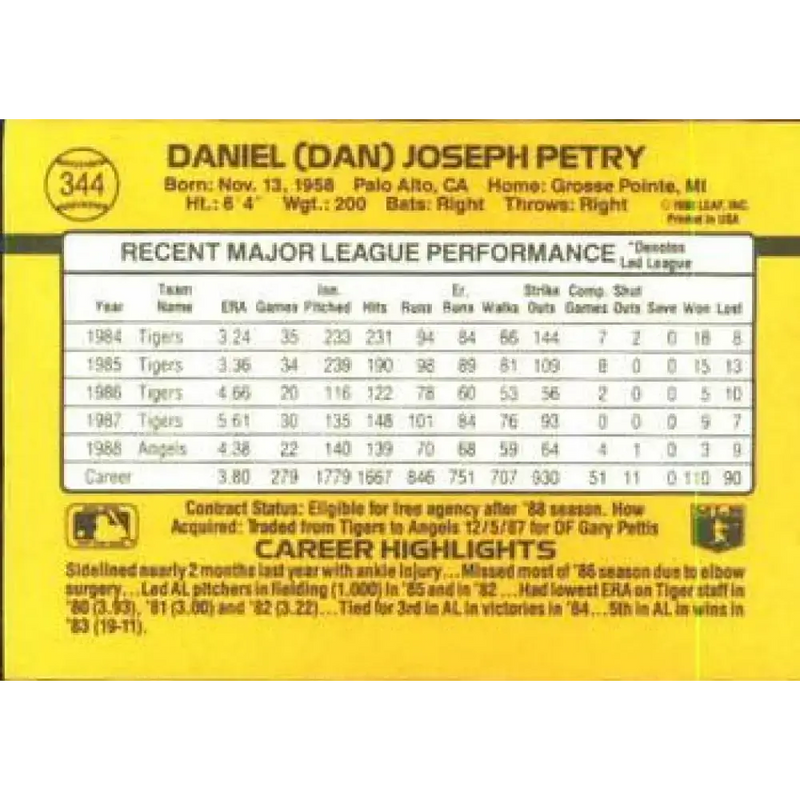 1989 Donruss #344 Dan Petry NM-MT California Angels Baseball Card - Baseball Card Single