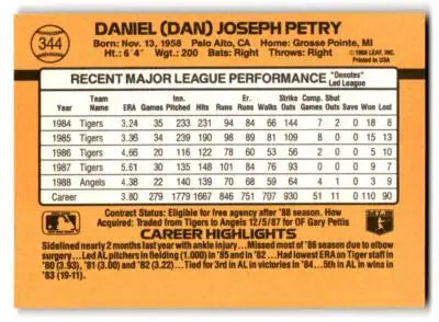 Back of a baseball trading card featuring Dan Petry 344d Dan Petry from 1989 Donruss