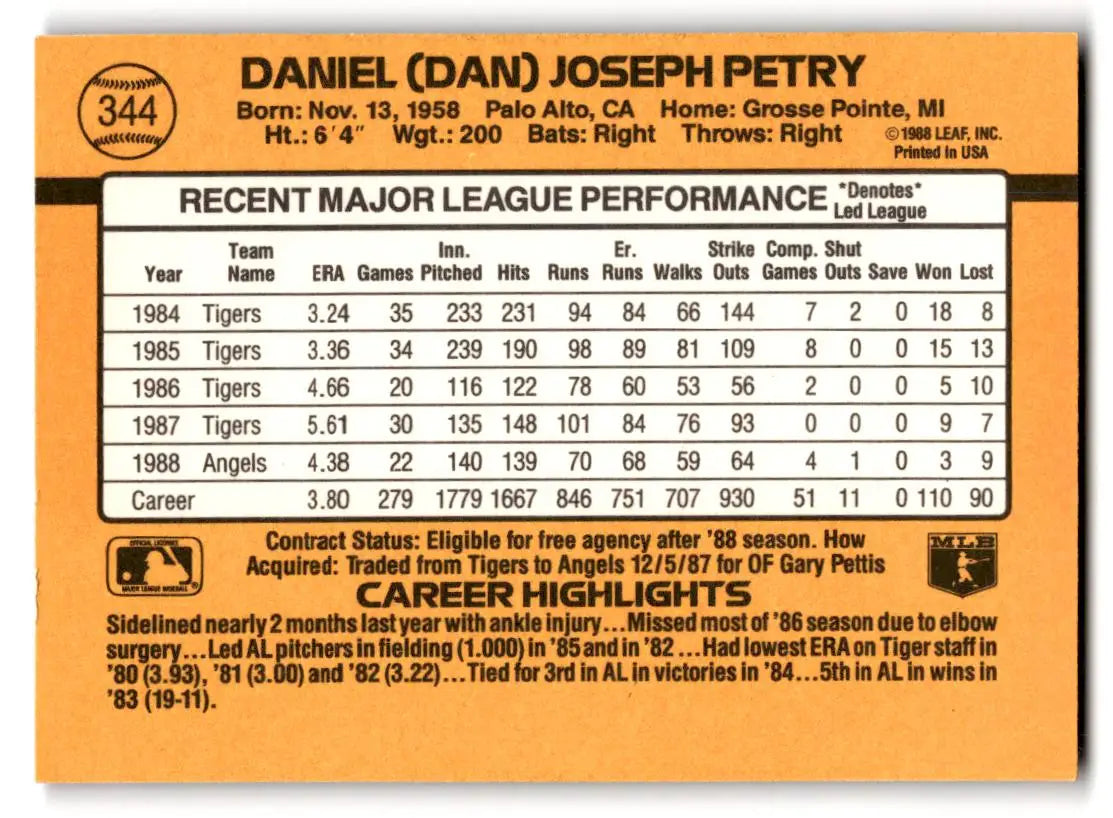 1989 Donruss #344d Dan Petry - Baseball Card Single