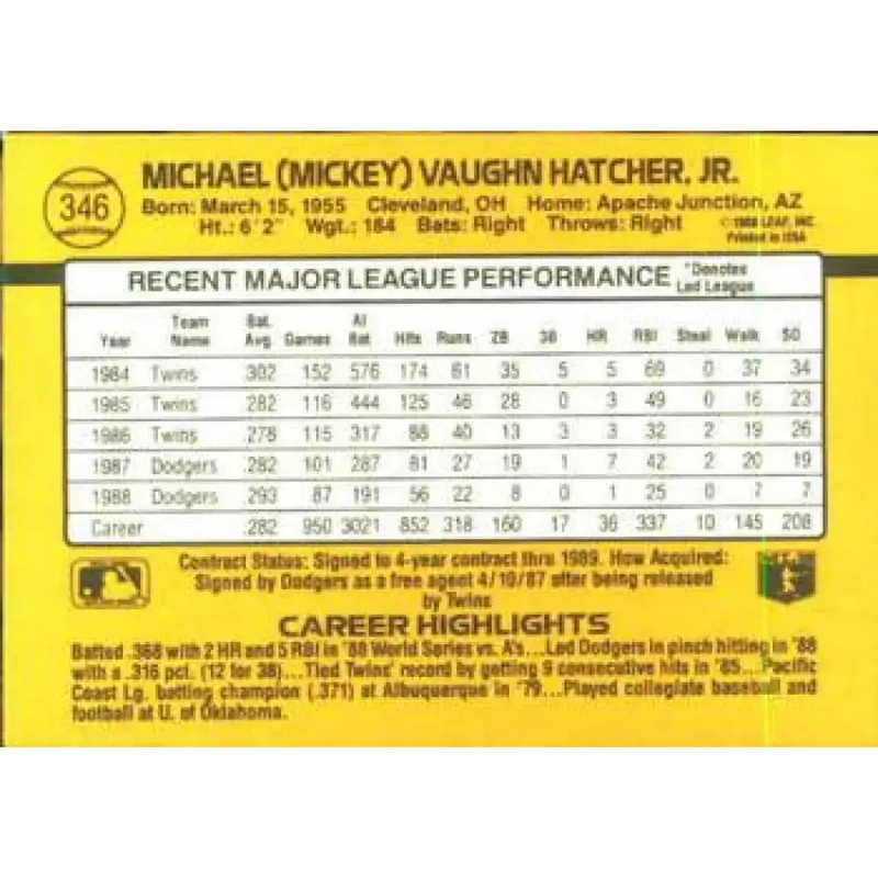 1989 Donruss #346 Mickey Hatcher NM-MT Los Angeles Dodgers Baseball Card - Baseball Card Single