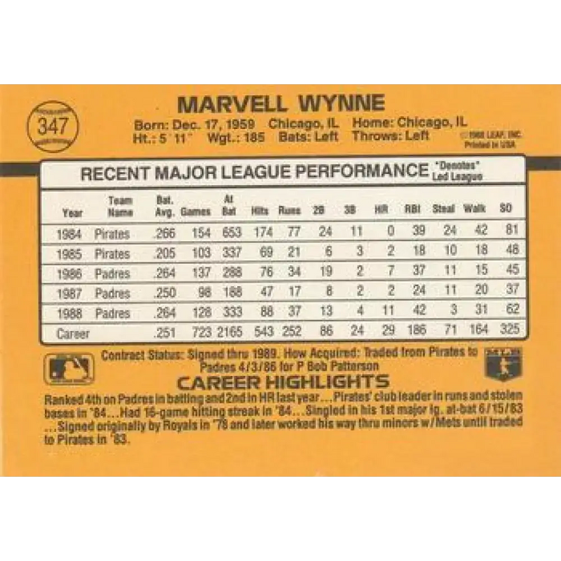 1989 Donruss #347 Marvell Wynne NM-MT San Diego Padres Baseball Card - Baseball Card Single