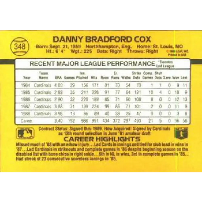 1989 Donruss #348 Danny Cox NM-MT St. Louis Cardinals Baseball Card - Baseball Card Single