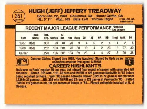 1989 Donruss #351 Jeff Treadway Cincinnati Reds Baseball Cards EX/NM ID:58490 - Baseball Card Single