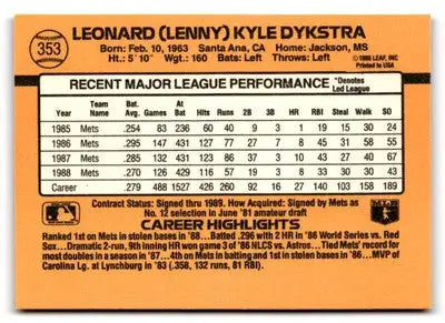 1989 Donruss #353 Lenny Dykstra - Baseball Card Single