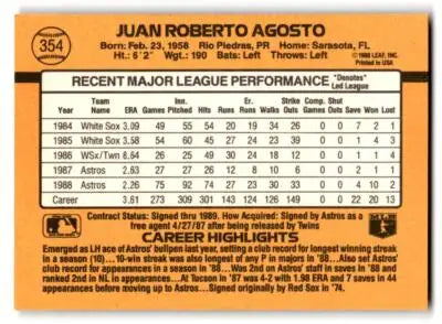 Baseball card featuring Juan Agosto 354b with career stats and highlights