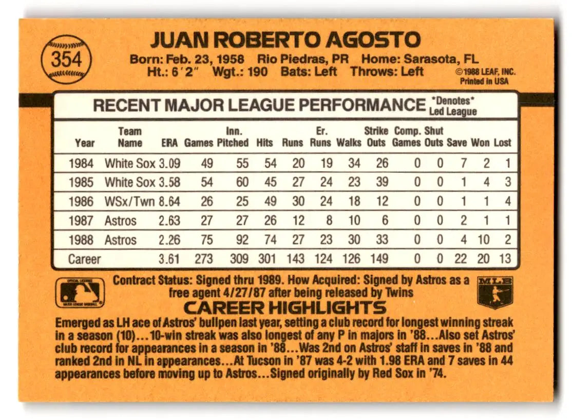 1989 Donruss #354b Juan Agosto - Baseball Card Single