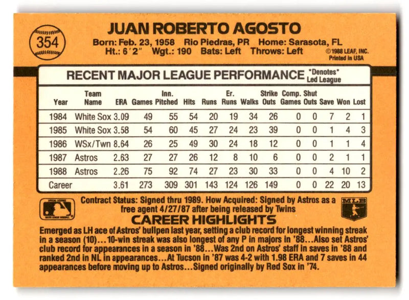 1989 Donruss #354b Juan Agosto - Baseball Card Single