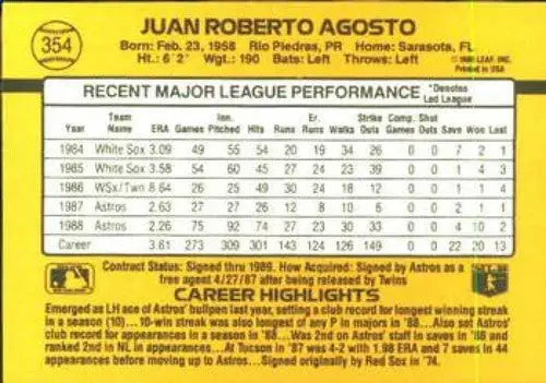 1989 Donruss #354b Juan Agosto NM Near Mint Astros ID:81461 - Baseball Card Single