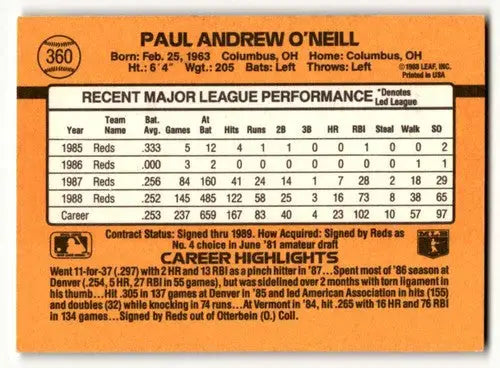 1989 Donruss #360 Paul O’Neill Cincinnati Reds Baseball Cards EX Exc ID:56244 - Baseball Card Single