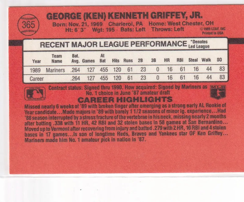 1989 DONRUSS #365 KEN GRIFFEY JR- SEATTLE MARINERS