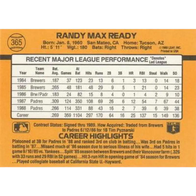 1989 Donruss #365 Randy Ready NM-MT San Diego Padres Baseball Card - Baseball Card Single