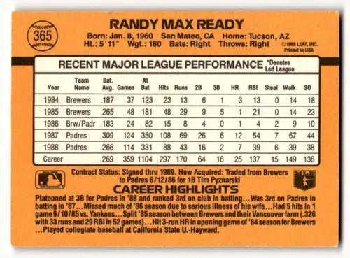 1989 Donruss #365 Randy Ready San Diego Padres Baseball Cards EX Exc ID:56237 - Baseball Card Single