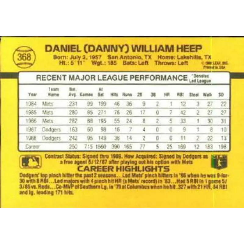 1989 Donruss #368 Danny Heep NM-MT Los Angeles Dodgers Baseball Card - Baseball Card Single