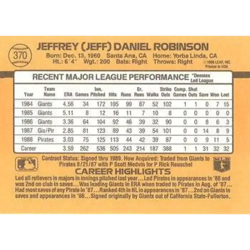1989 Donruss #370 Jeff Robinson NM-MT Pittsburgh Pirates Baseball Card - Baseball Card Single