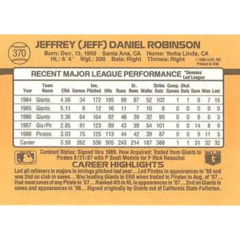 1989 Donruss #370 Jeff Robinson NM-MT Pittsburgh Pirates Baseball Card - Baseball Card Single