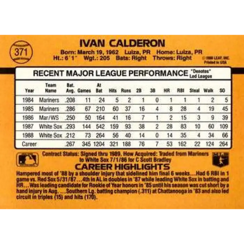 1989 Donruss #371 Ivan Calderon NM-MT Chicago White Sox Baseball Card - Baseball Card Single