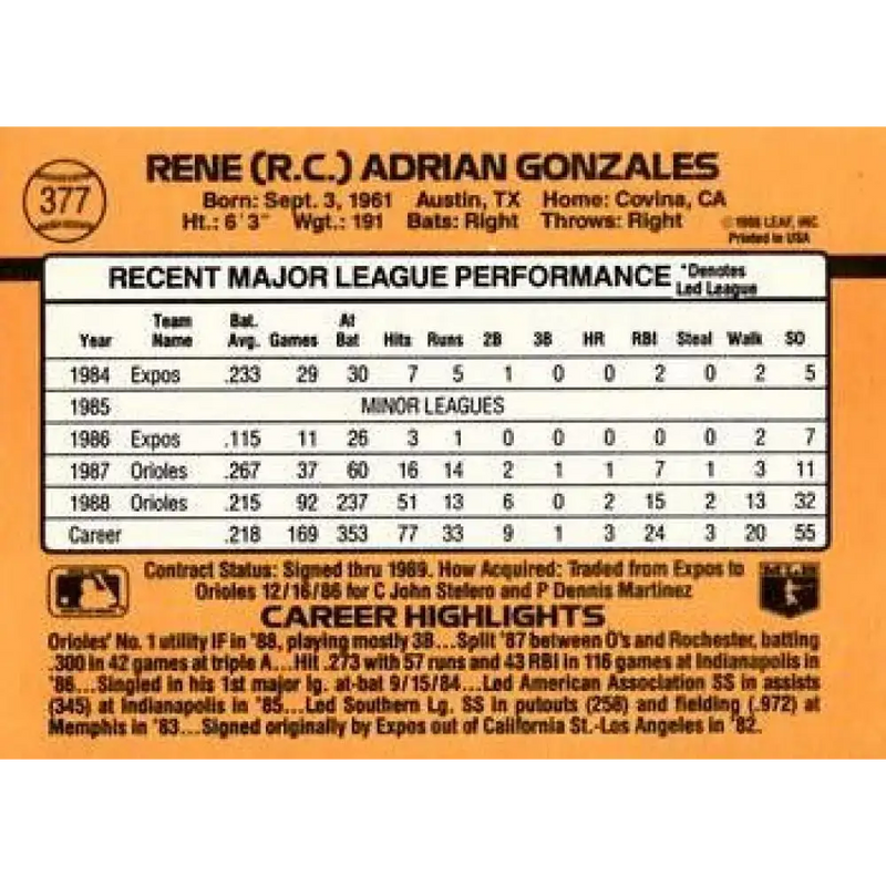 1989 Donruss #377 Rene Gonzales NM-MT Baltimore Orioles Baseball Card - Baseball Card Single