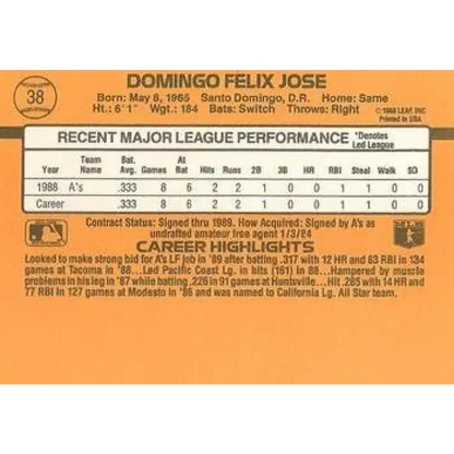 1989 Donruss #38 Felix Jose/ NM-MT RC Rookie Oakland Athletics Baseball Card